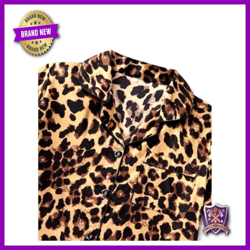Women's 3 Piece Leopard Print Pajama Set Short Sleeve Button Down Shorts Pants